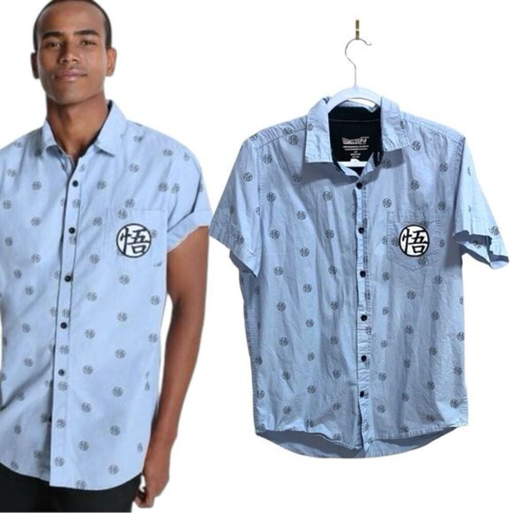 Dragon Ball Z Button Down Shirt Blue Cotton Anime Goku Kanji Patch‎ Men’s M